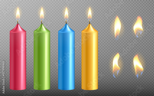 Vector realistic candle set with fire isolated on transparent background. Diferent color candles collection with flame for birthday cake. Burning candlelight icon.Vector illustration  EPS10