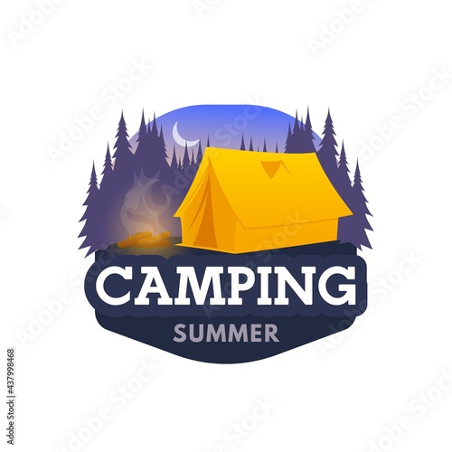 Night camping icon, tent and tourist camp club vector emblem. Summer camping, trekking and hiking travel or eco tourism equipment, campsite hut and fire, outdoor mountaineering and scout adventure