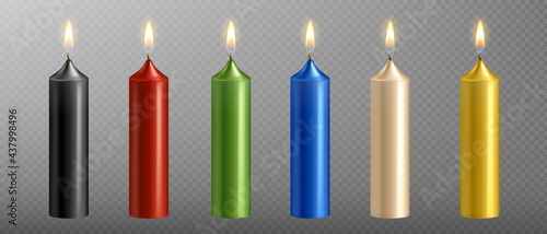 Vector realistic candle set with fire isolated on transparent background. Diferent color candles collection with flame for birthday cake. Burning candlelight icon.Vector illustration  EPS10