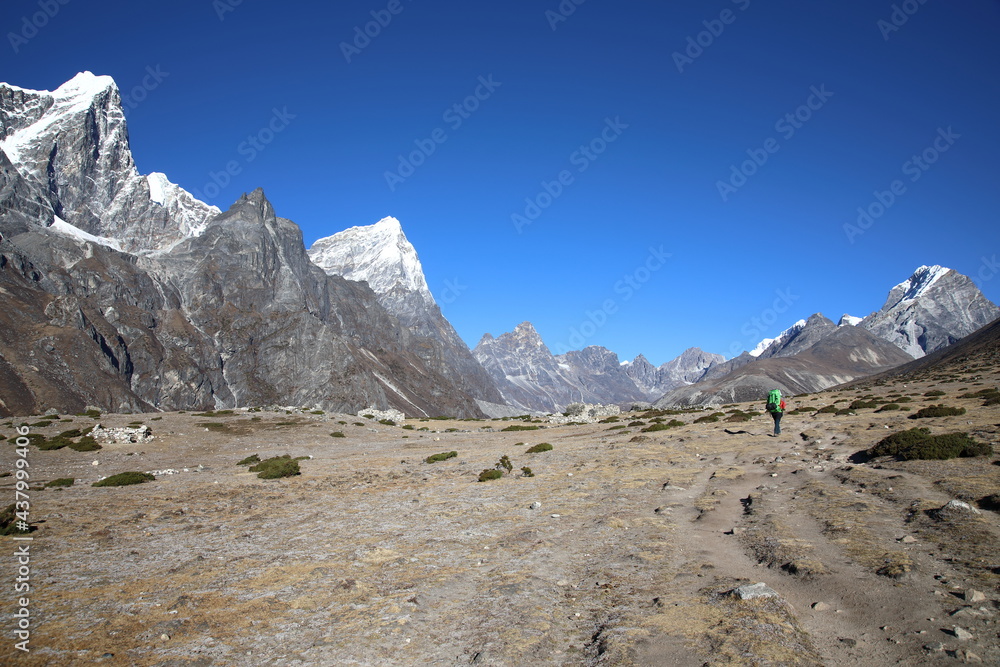 View of Taboche and Cholatse from hiking trail near Dingboche village, Nepal