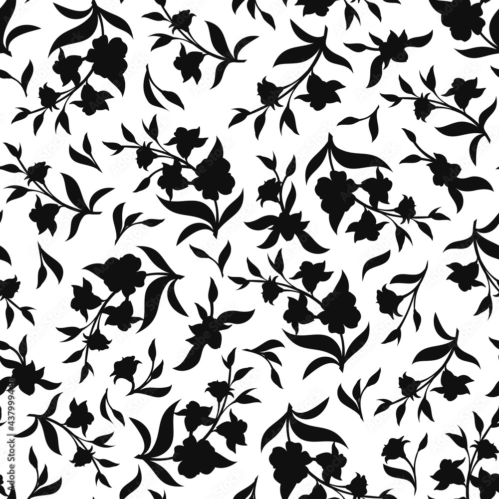 Vector seamless black and white floral pattern with flowers silhouettes.