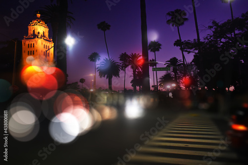 Blurred light in the night view of Santa Monica BLVD and the city of Beverly  Hills. photo