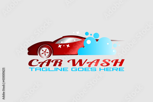 Car wash logo with glossy red color sports car illustration with foam.