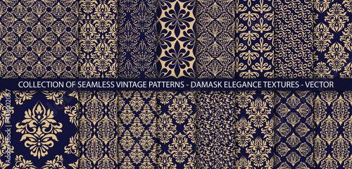 Set of ornate vector ornamenal patterns. Vintage classic backgrounds collection. 16 damask textures in gold and dark blue colors. Perfect for invitations or announcements.