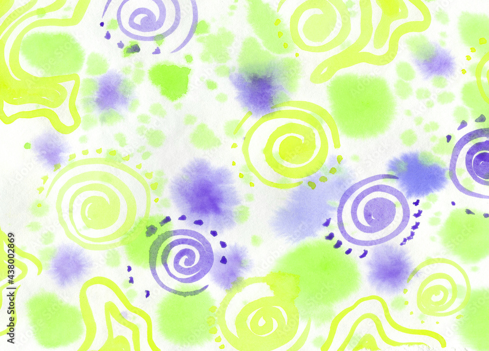 Watercolor paint multicolor abstract on white Background. Blue, green and yellow spot and spiral texture. Backdrop of spots for packaging and web on canvas Backgrounds