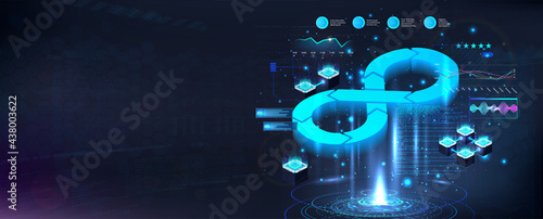 Futuristic DevOps process banner. Concept software development operations, programming, web development, design, interaction with each other. DevOps banner with hologram lifecycle infinity. Vector photo