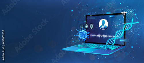 Medical assistance, counseling, online treatment. Concept doctor online. Medical service, with analysis of the patient, MRI images, DNA and laboratories. Treatment via application internet clinic