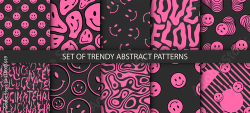 Collection of trendy hand drawn patterns. Fashion 80-90s. Trendy pink color and black background fun textures.