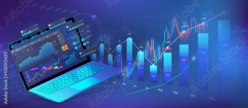 Positive growth dynamics, the trend is going up. Laptop with dashboard and growing charts from it. Analysis of business, strategies and solutions for companies to grow and increase profits. Vector