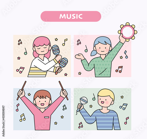 Cute children playing musical instruments and having fun. flat design style minimal vector illustration.