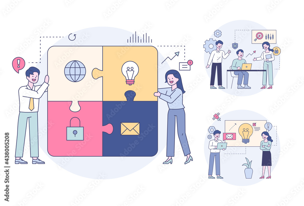 People solving huge puzzles with icons, people having a meeting and brainstorming. Outline flat design style minimal vector illustration set.