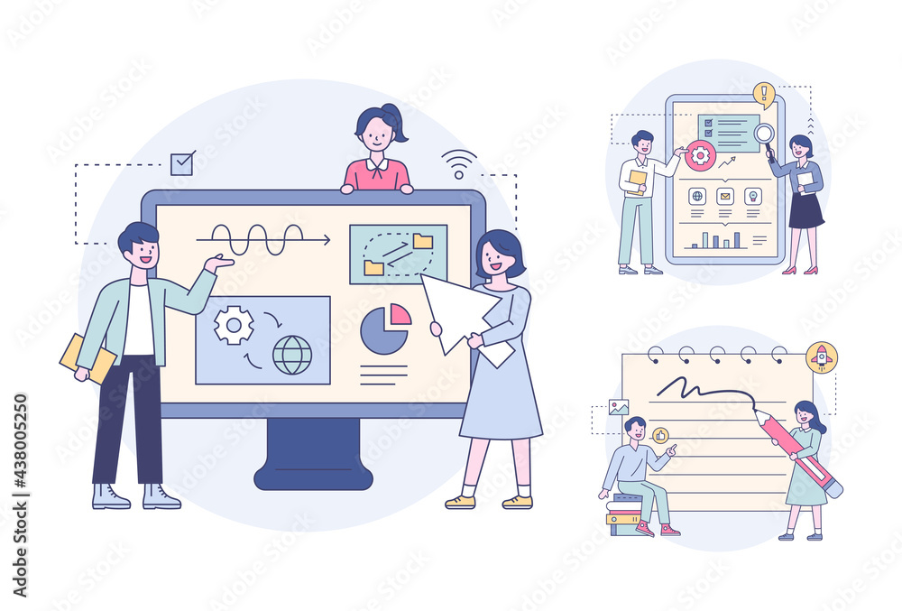 Experts are analyzing the data on the monitor. Outline flat design style minimal vector illustration set.