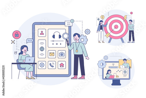 People looking at mobile screens, people meeting online, people standing next to a big target. Outline flat design style minimal vector illustration set.