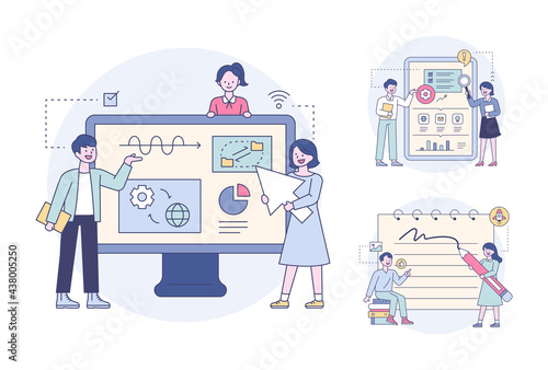 Experts are analyzing the data on the monitor. Outline flat design style minimal vector illustration set.
