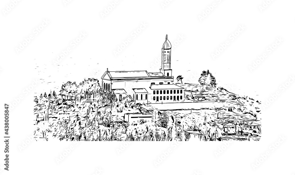 Building view with landmark of Funchal is the capital city of Portugal. Hand drawn sketch illustration in vector.