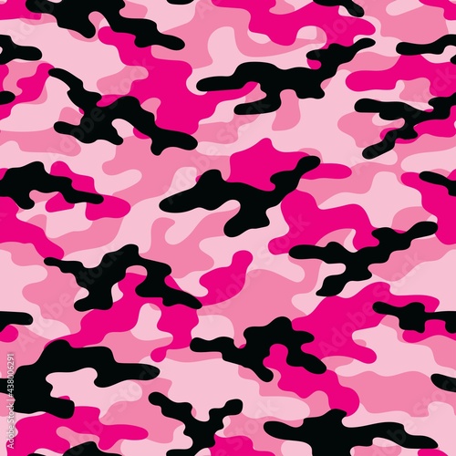 Abstract seamless military pink camo texture for print. Forest background. Vector