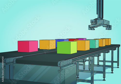 Automated conveyor line with robotic manipulator illustration