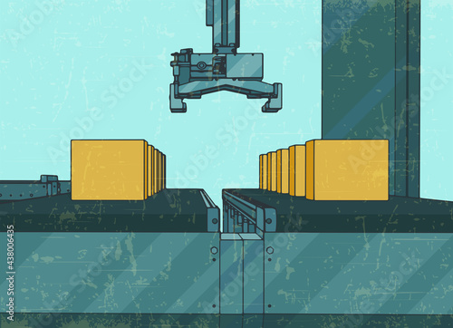 Automated conveyor line with robotic manipulator retro poster