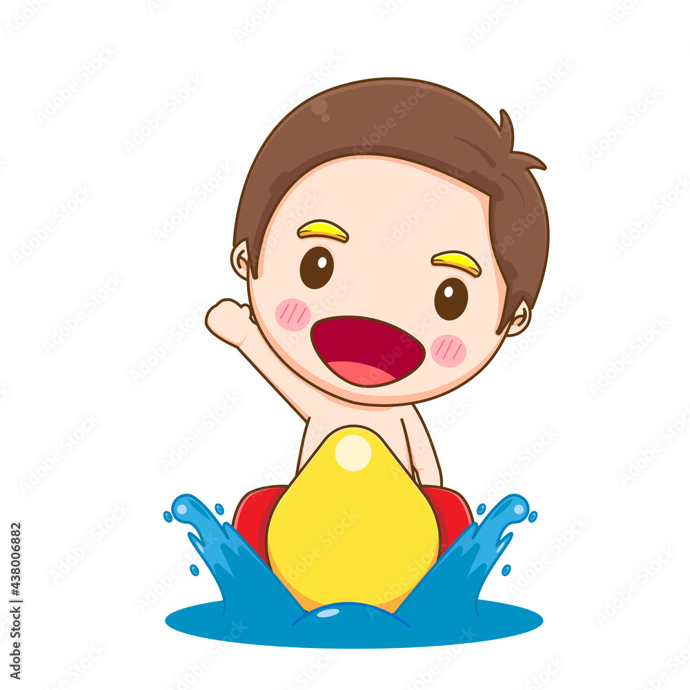 Cute boy riding banana boat chibi character illustration. Summer activity.