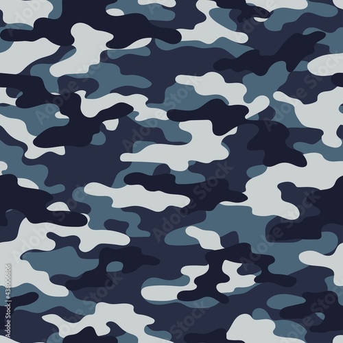 Abstract seamless camouflage pattern for printing clothes, fabrics. Army blue background. Vector design.