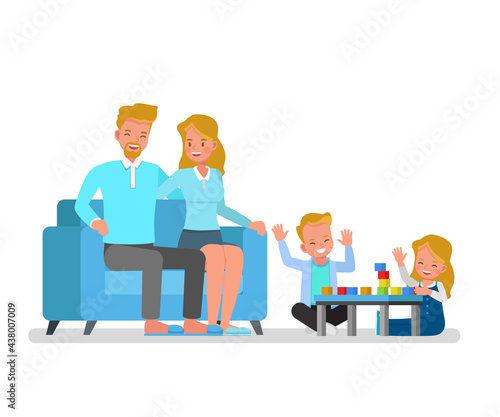Happy family character vector design. Parents with children playing building blocks at home.