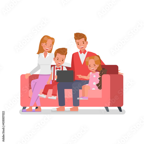 Happy family character vector design. Parents with children sit on sofa playing laptop.