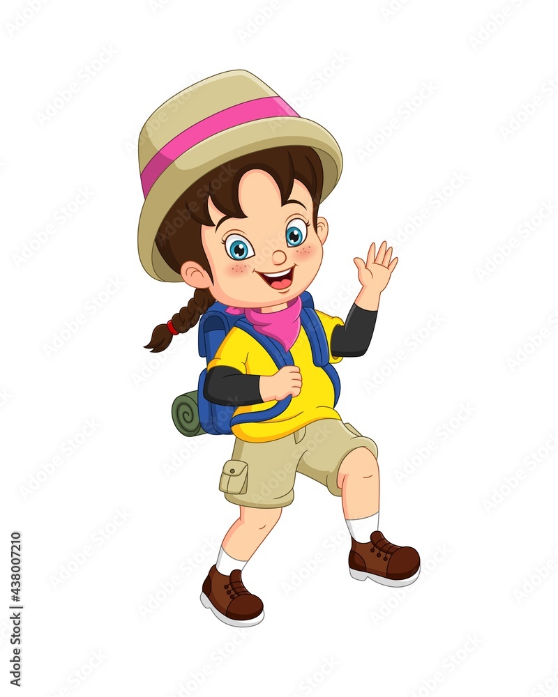 Cartoon girl explorer with backpack waving hand Cartoon girl explorer with backpack waving hand