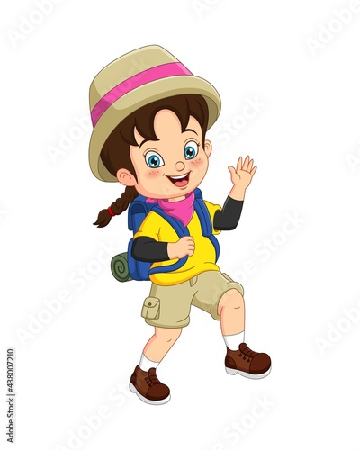 Cartoon girl explorer with backpack waving hand