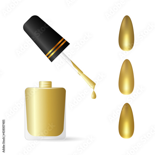 Gold color nail polish with brush. The result on the nails is three shades. Vector illustration