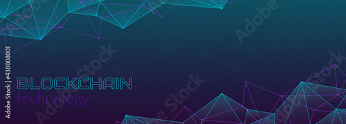 Blockchain technology concept, cryptocurrency. Working with tokens on the Internet, security. Futuristic polygonal background. Design banner template for web. Copyspace.