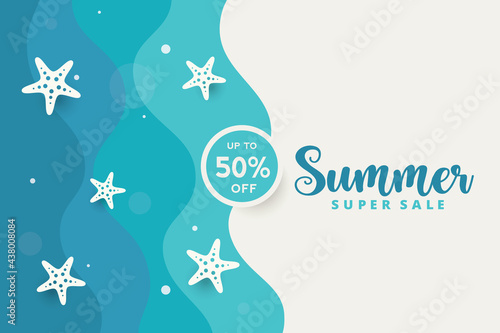 Blue waves creative design with tropical elements for summer sale background and banner.