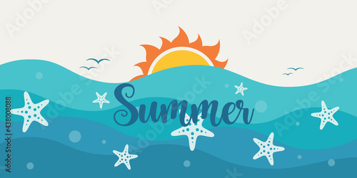Vector illustration with decorative starfish on blue waves of the sea background in tropical summer style.