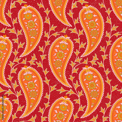 Paisley Seamless pattern. Turkish cucumber. Maroon-orange color, floral oriental ornament.