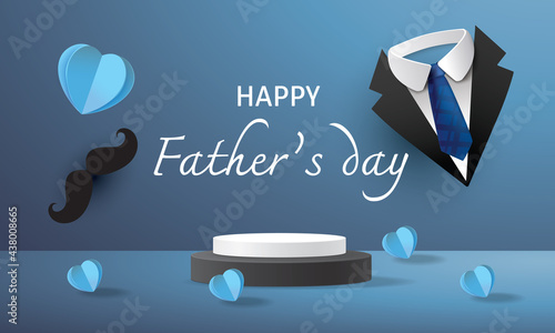 happy Father's Day podium black and blue background and heart gift vector illustation banner .Promotion and shopping template for dad