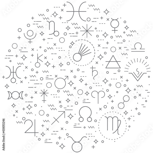 Simple Set of Astrology and zodiac sign Related Vector Line Illustration. Contains such Icons as planets, asteroids, earth, trine, square, ether, cancer, leo, virgo, libra, aspects and Other Elements.