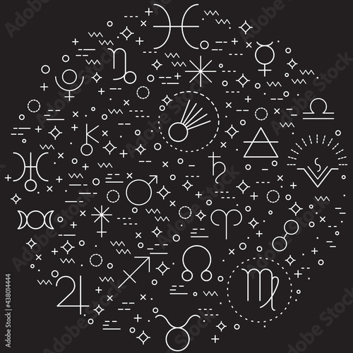 Simple Set of Astrology and zodiac sign Related Vector Line Illustration. Contains such Icons as planets, asteroids, earth, trine, square, ether, cancer, leo, virgo, libra, aspects and Other Elements.