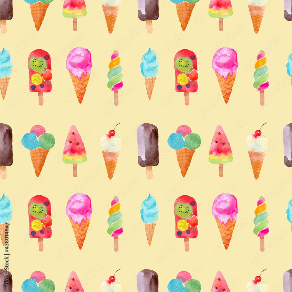 Ice cream and popsicle seamless pattern for fabric, birthday wrapping paper, wallpaper, holidays decor. Watercolor hand drawn dessert background Ice cream and popsicle seamless pattern for fabric, birthday wrapping paper, wallpaper, holidays decor. Watercolor hand drawn dessert background