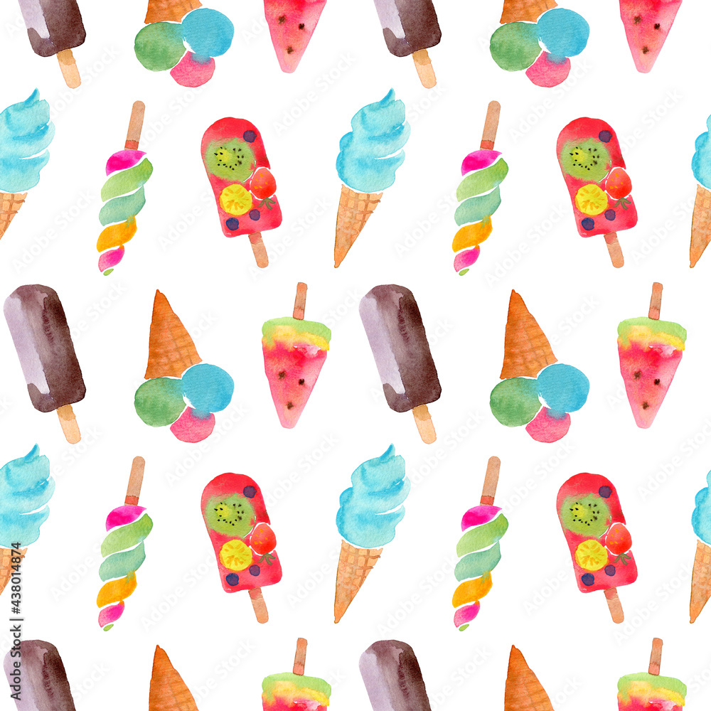 Ice cream and popsicle seamless pattern for fabric, birthday wrapping paper, wallpaper, holidays decor. Watercolor hand drawn dessert background Ice cream and popsicle seamless pattern for fabric, birthday wrapping paper, wallpaper, holidays decor. Watercolor hand drawn dessert background
