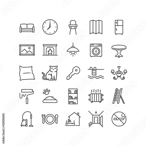 Home decoration and interior icon set. Home room types related. Contains such Icons as wifi, couch, hallaway, no smoking etc. photo