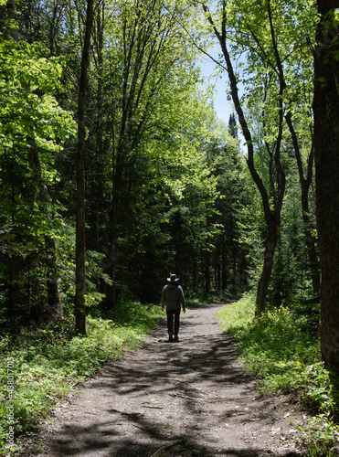 A man walking alone through the forest on a trail in Arrowhead Provincial Park in Ontario