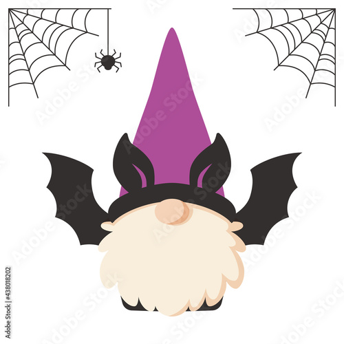 Cute Scandinavian gnome character in Halloween bat costume. Flat cartoon style vector illustration, isolated on white background. photo