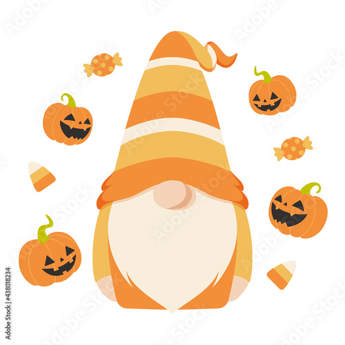 Cute Scandinavian gnome character in Halloween candy corn costume. Flat cartoon style vector illustration, isolated on white background.