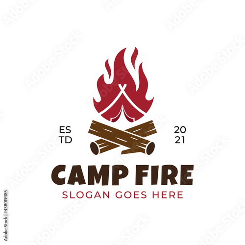 vintage retro logo design of Bonfire Camp fire flame with camping in outdoor