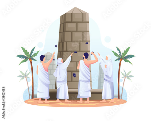 Muslims are throwing stones at the devil pillar in Islamic hajj pilgrimage vector illustration