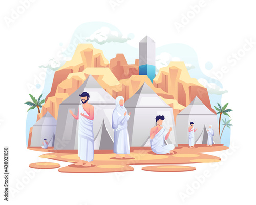 Muslims resting in tents on Islamic hajj pilgrimage vector illustration