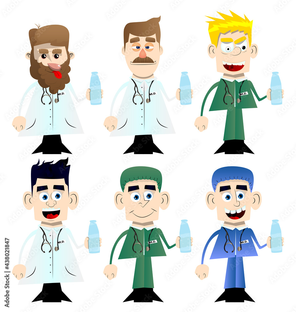 Funny cartoon doctor holding a glass of water. Vector illustration. Health care worker with a bottle. Funny cartoon doctor holding a glass of water. Vector illustration. Health care worker with a bottle.