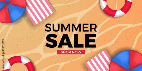 summer sale offer banner promotion with sand beach coast background
