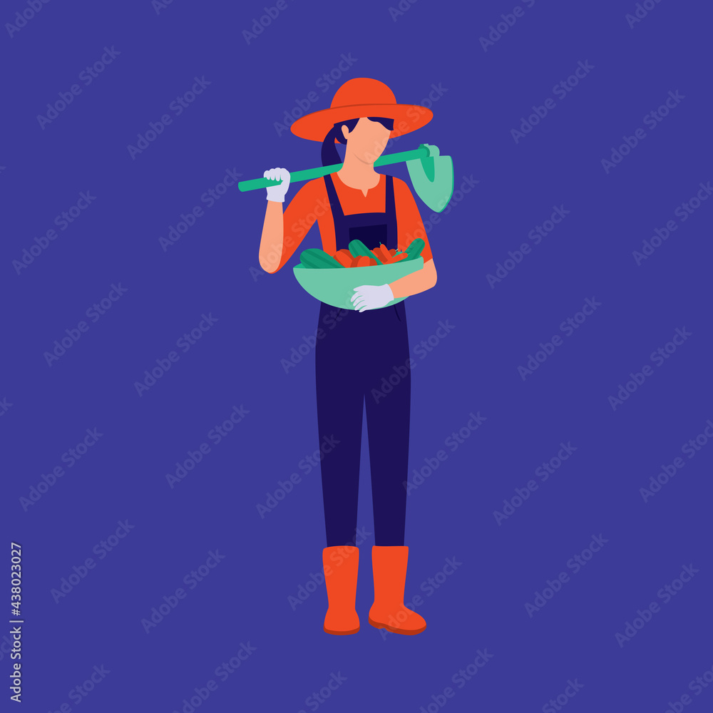 Woman Farmer Holding Basket Of Vegetables And Carrying Shovel On Shoulder. Agriculture Occupation. Woman Farmer Holding Basket Of Vegetables And Carrying Shovel On Shoulder. Agriculture Occupation.