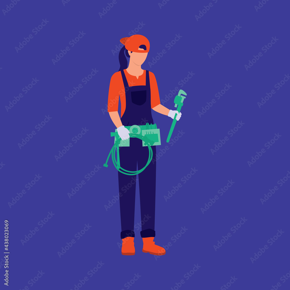 Fototapeta premium Woman Plumber Holding Adjustable Wrench. Industrial Occupation.