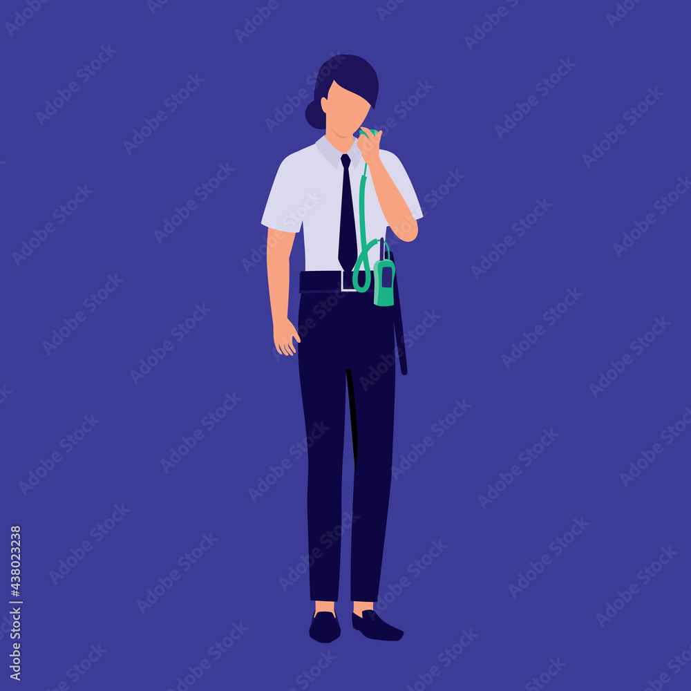 Female Security Guard In Uniform Talking To Walkie-Talkie. Security Occupation. Female Security Guard In Uniform Talking To Walkie-Talkie. Security Occupation.